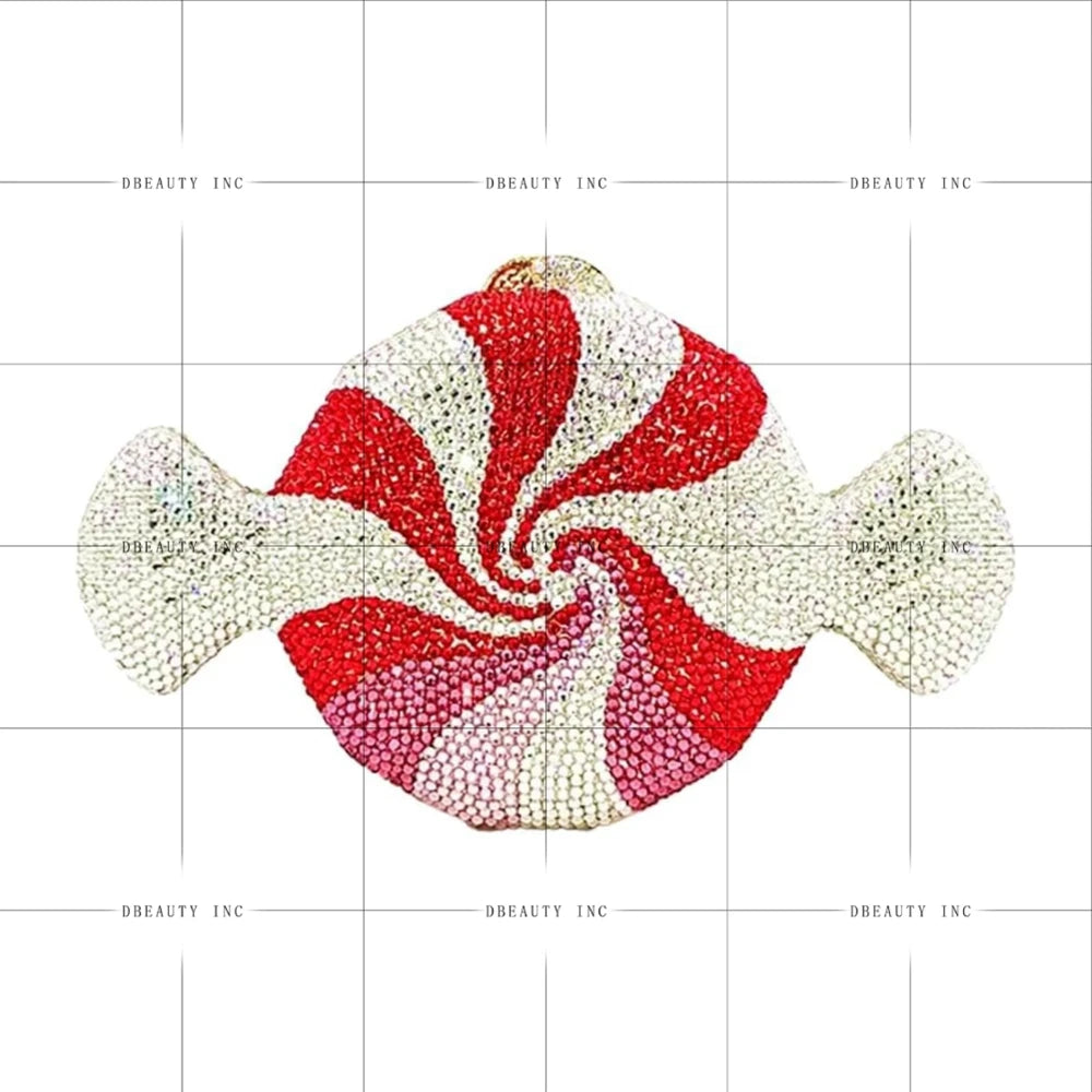 Candy-shaped designer clutch, red and white crystal rhinestone evening bag for prom or cocktail parties.