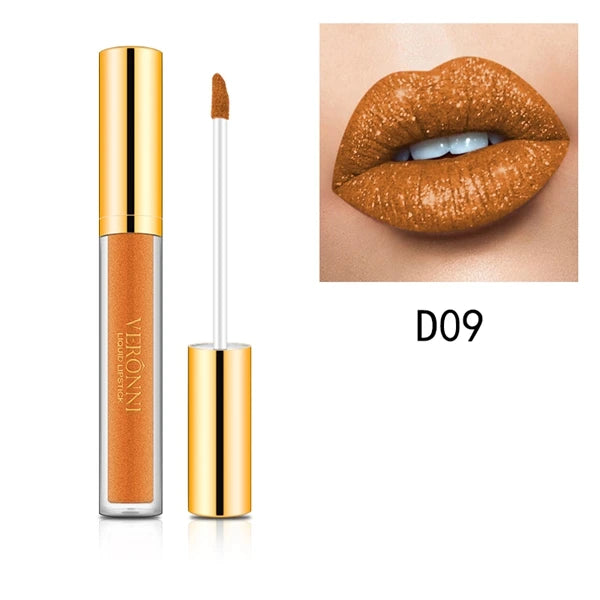 Bronze diamond shimmer liquid lipstick with glitter finish, showing applicator and applied copper lip swatch (shade D09).