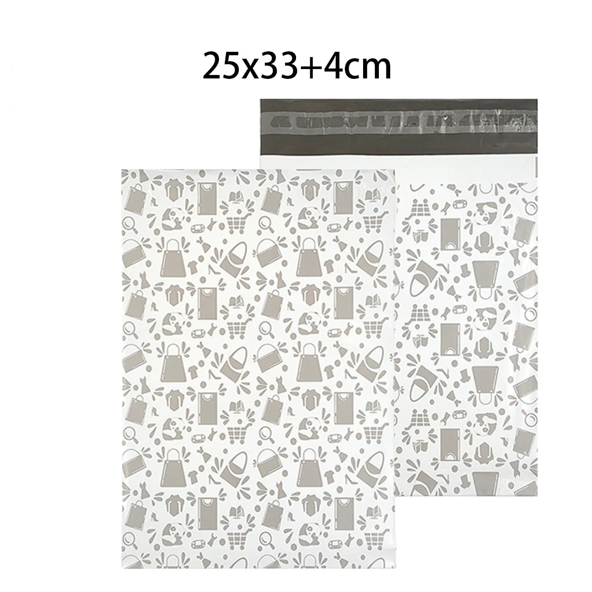 White poly mailer bag with gray pattern, self-seal closure, size 25x33+4cm