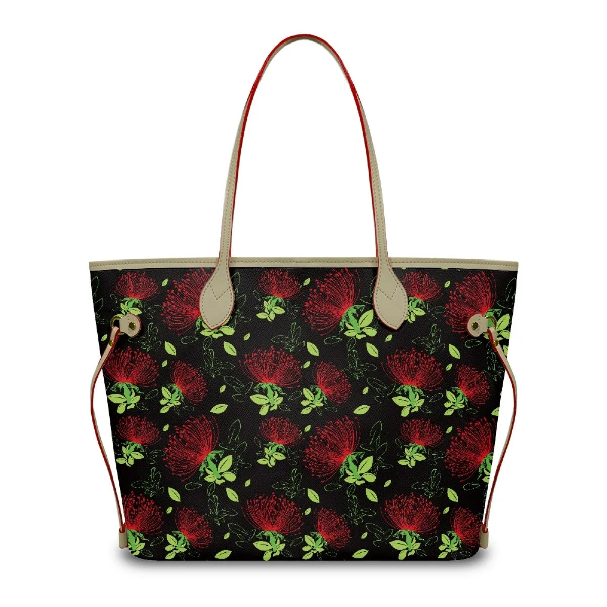 Designer leather tote bag with black Ohia Lehua floral print, tan straps, and large capacity for women.