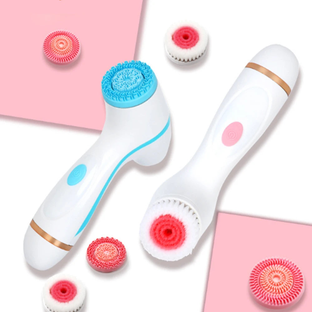 Sonic facial cleansing brush set with interchangeable spin heads for deep skin exfoliation and blackhead removal.