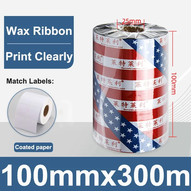 Wax thermal transfer ribbon spool, 100mm x 300m wax ribbon roll