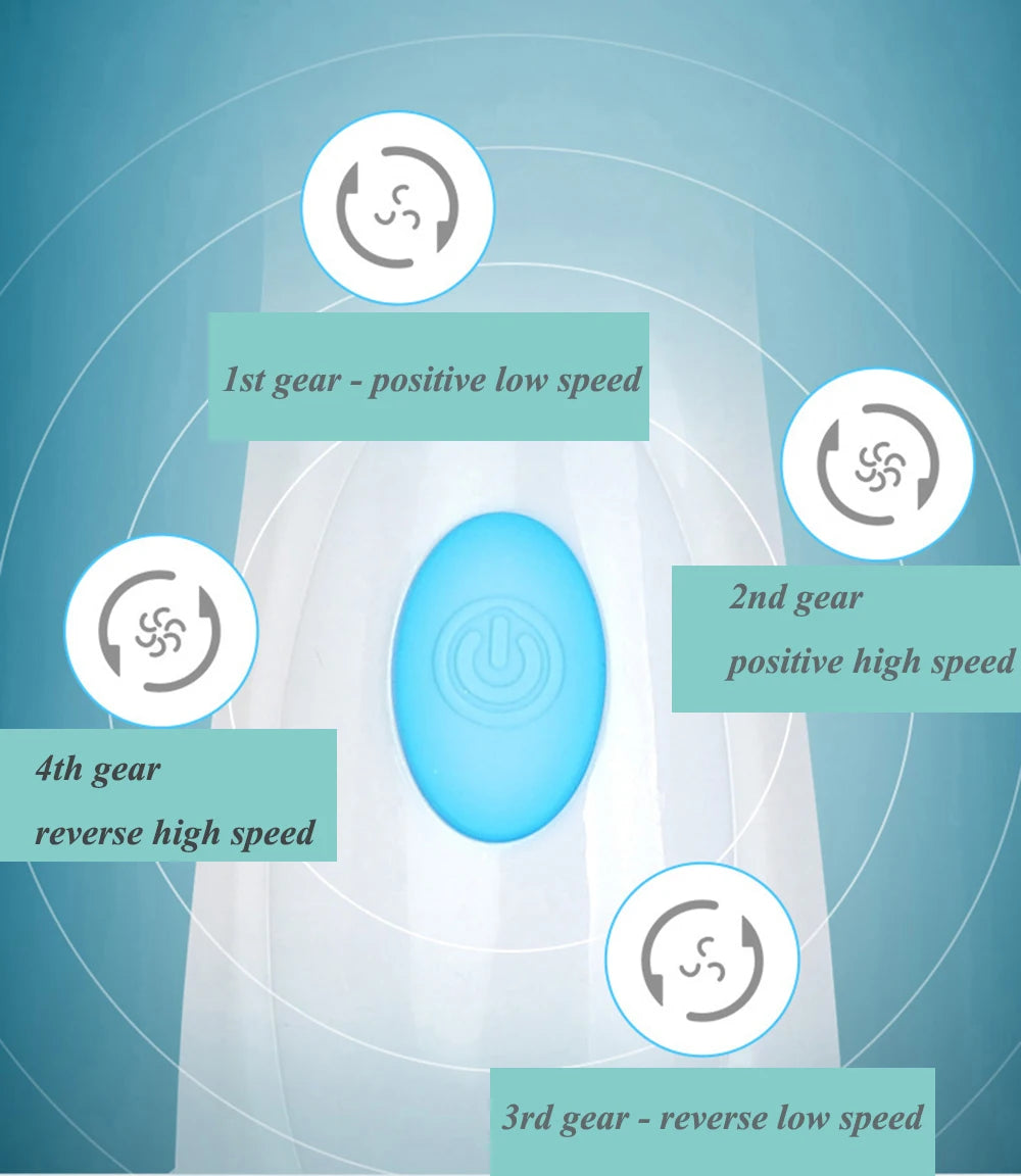 Sonic facial cleansing brush interface showing 4 speed settings, rotation modes, and power button for deep skin care.