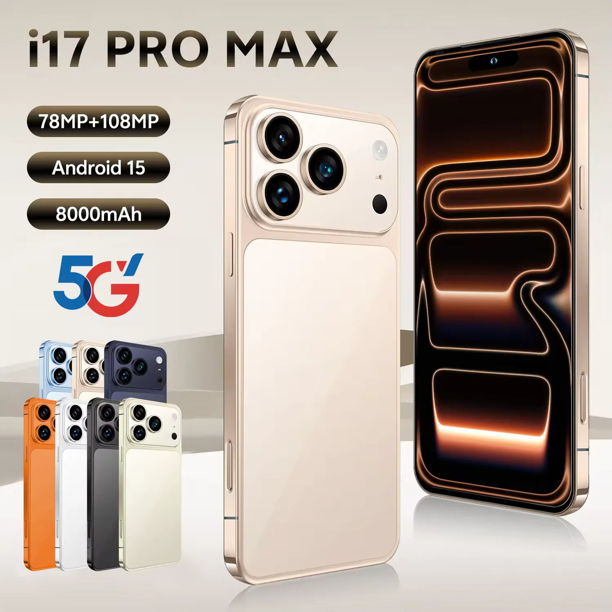 Gold smartphone shown front and back with triple rear cameras and dark display.