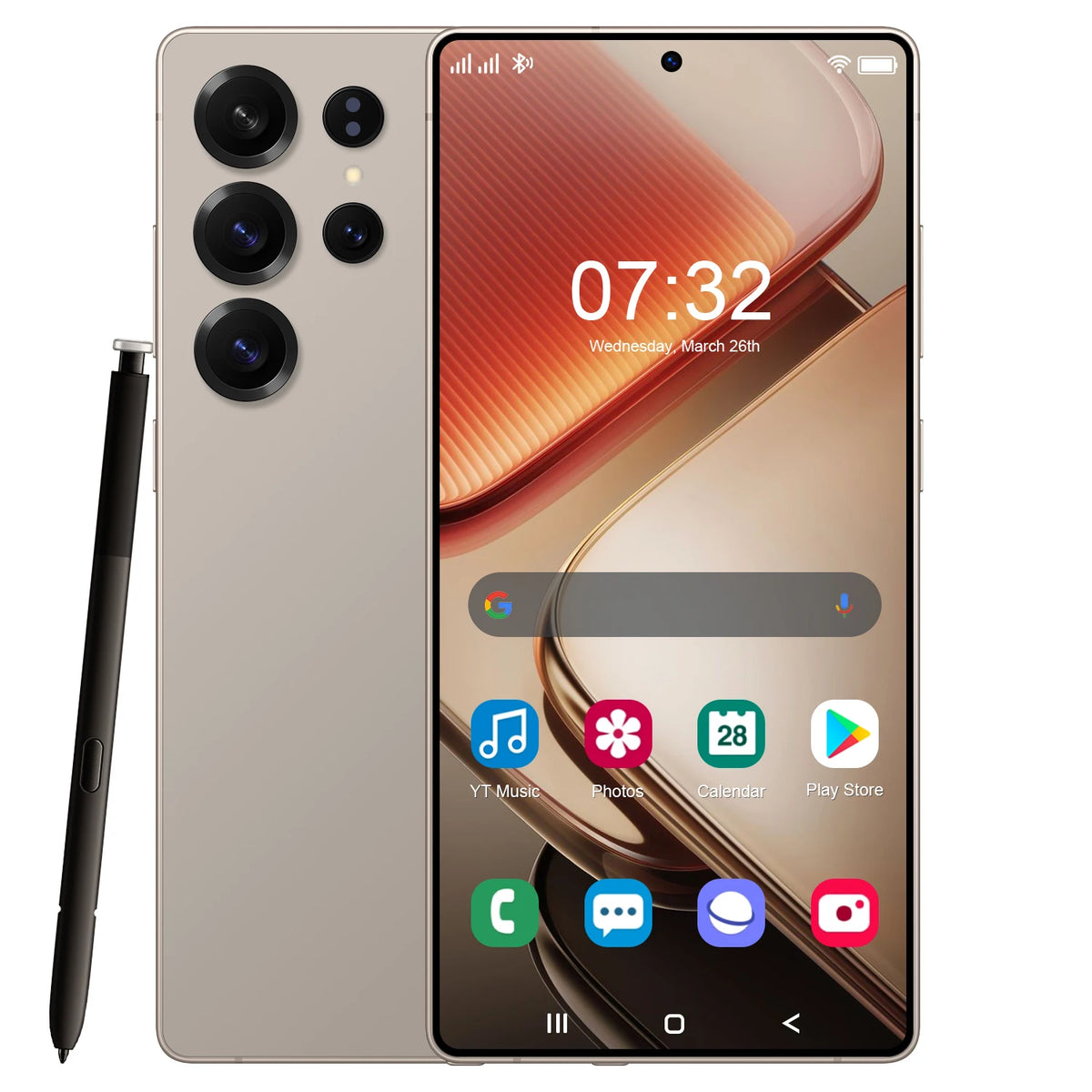 Beige 5G smartphone with quad rear cameras and stylus; front display with orange wallpaper.