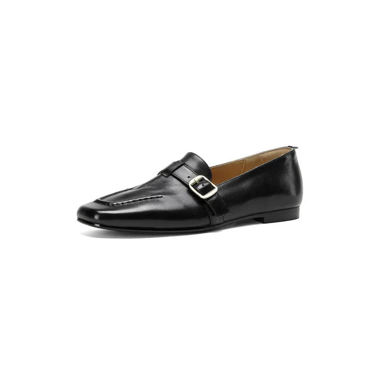 Genuine Leather Women's Loafers Square Toe Slip-On Low Heel Dress Shoes Anti-Slip All Seasons