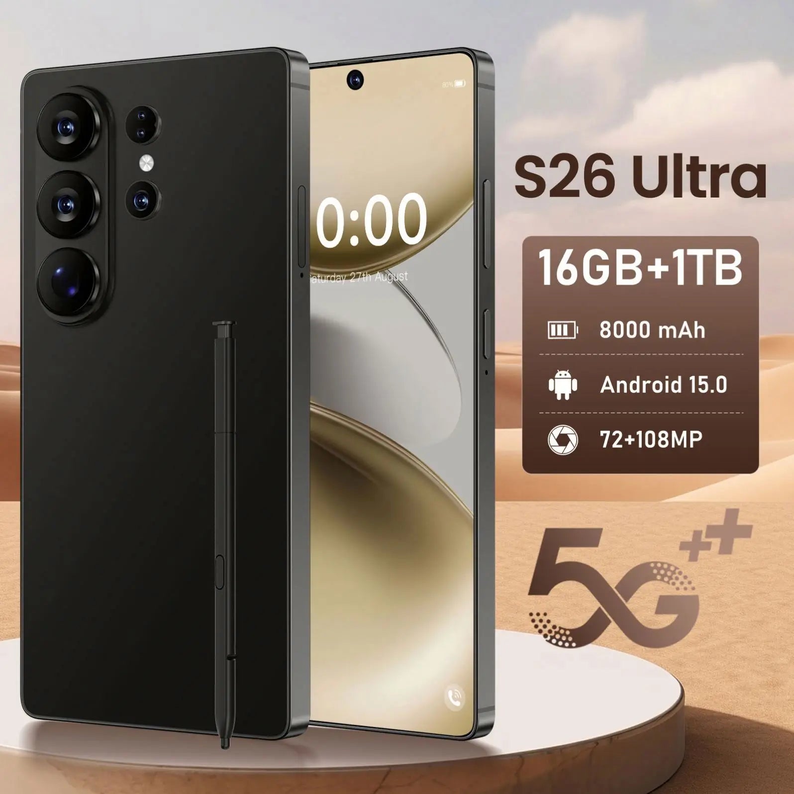 2026 S26 Ultra 5G smartphone with 16GB RAM 1TB storage, Android 15, 7800mAh battery and 108MP camera, view 2