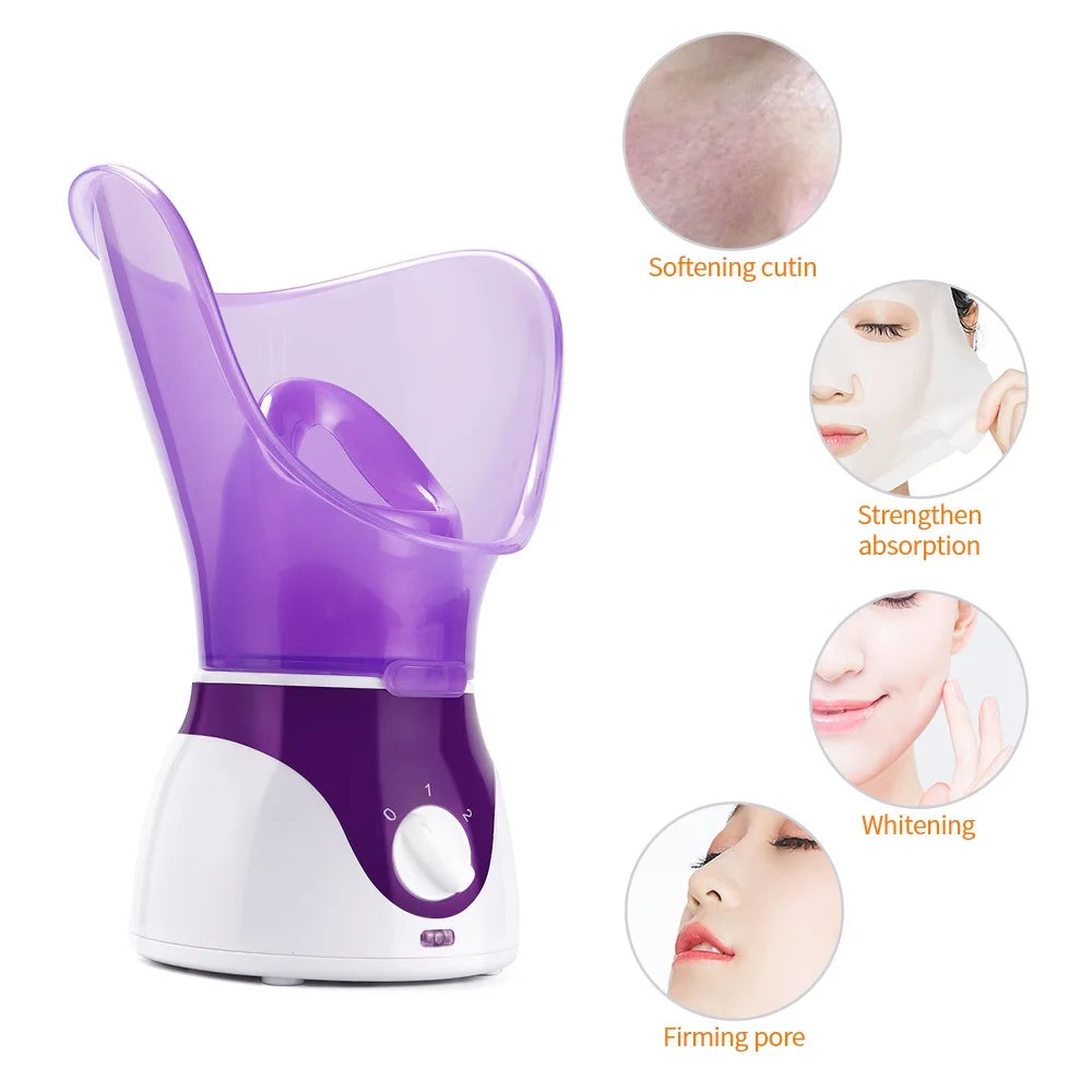 Purple and white facial steamer for home spa skin moisturizing, pore cleaning, and hot mist treatment.