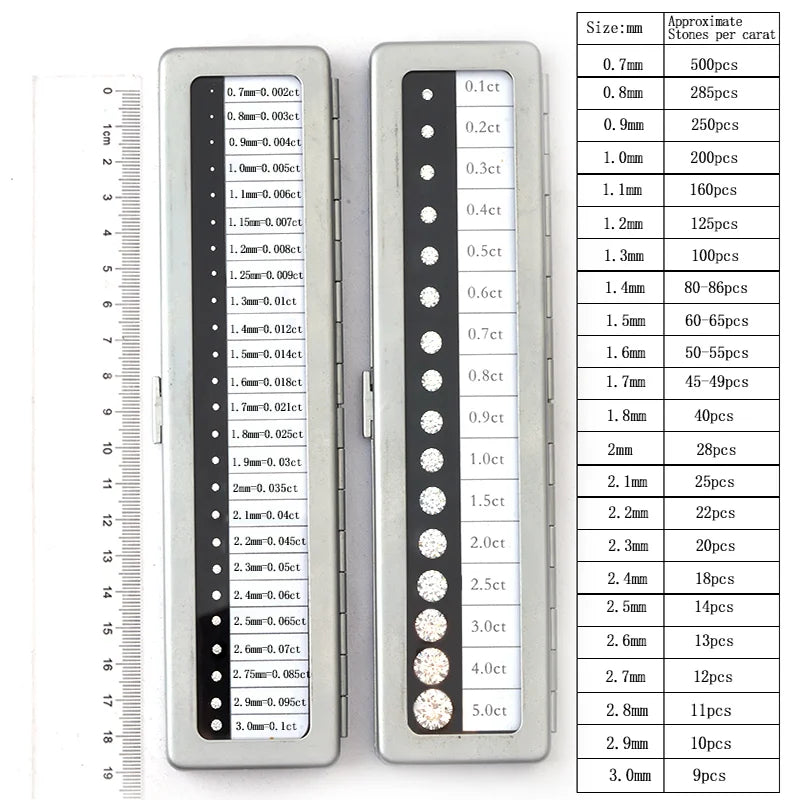 Diamond size chart in a case, listing approximate stone carat weights