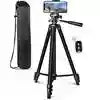 Black aluminum phone tripod with pan-tilt head, remote shutter, and storage bag for stabilizing mobile photography.