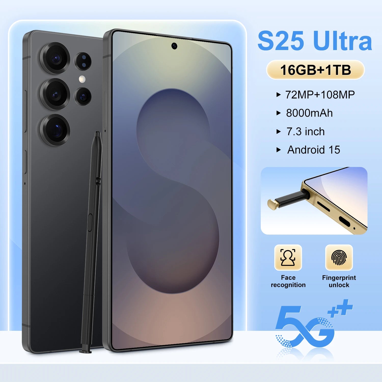 Ultra 5G S25 smartphone with 7.3 inch HD display, 108MP camera, and long-lasting 8800mAh battery
