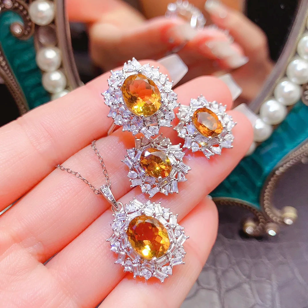 New Design 925 Sterling Silver 18k White Gold Plated Natural Citrine Luxury Women Gemstone Fine Jewelry Set Wedding Party CMA