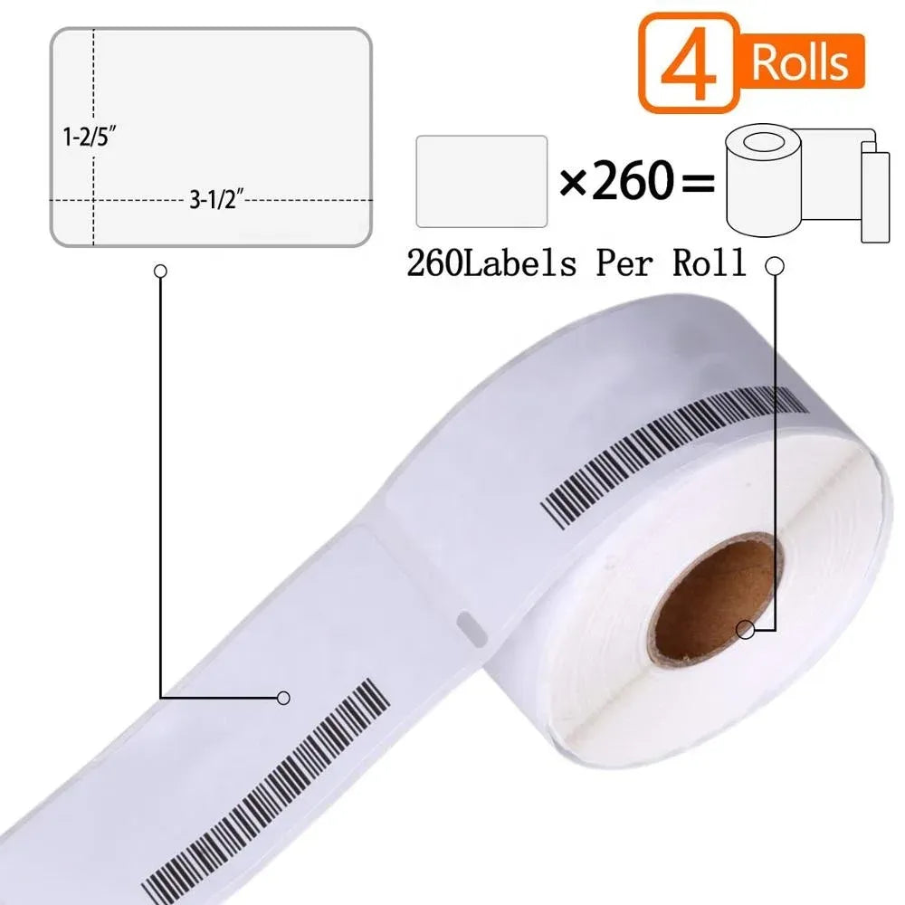White address label roll with size guide and 260 labels per roll