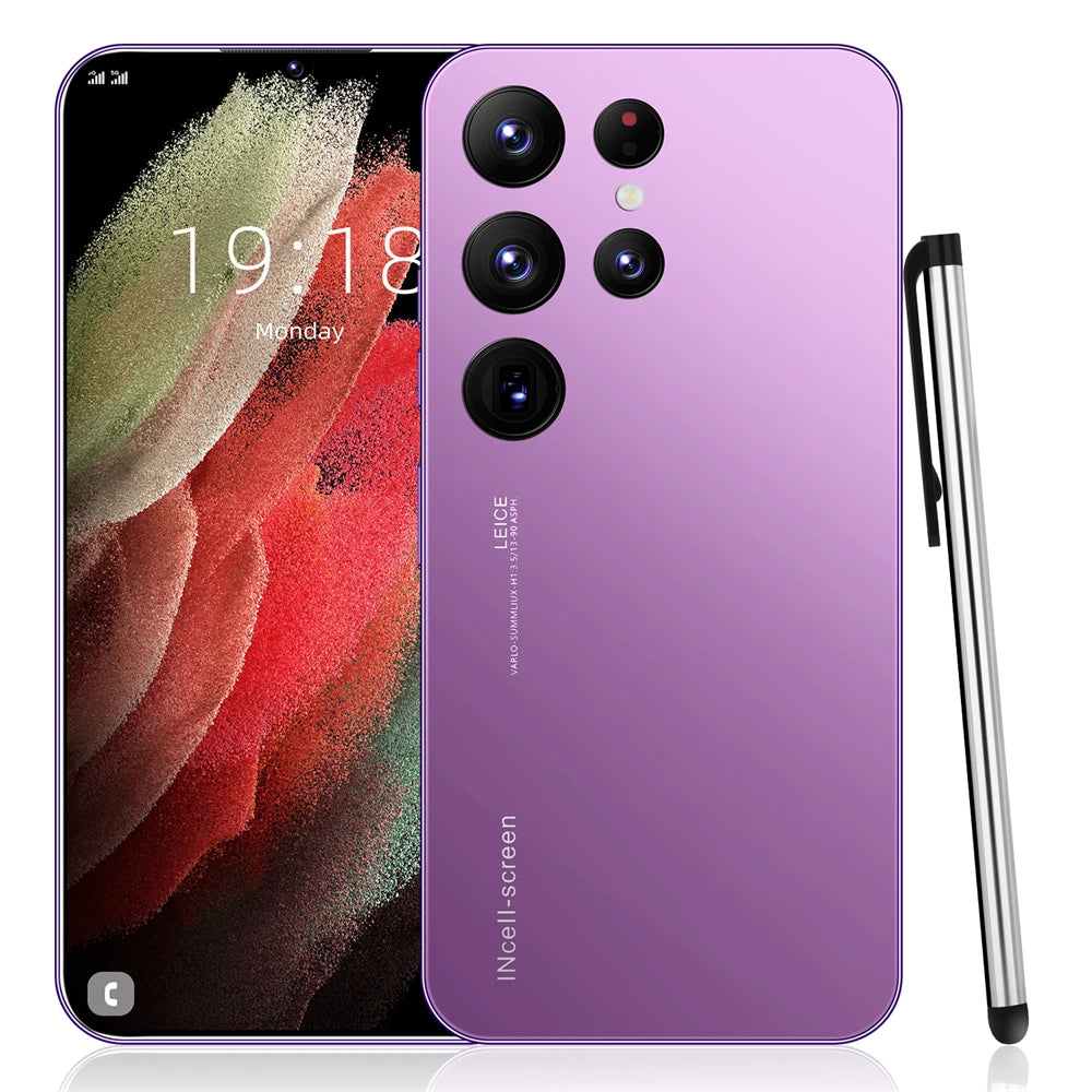 Purple unlocked smartphone with quad cameras and S Pen stylus, front and back views