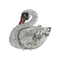 Luxury swan-shaped evening clutch encrusted with clear and black rhinestones for bridal or formal cocktail parties.