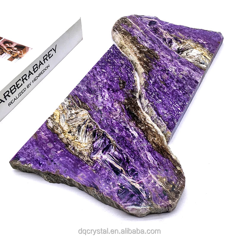 Polished purple charoite slice stone, long irregular slab with beige veining