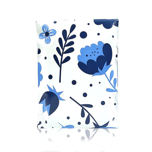 Poly mailer shipping bag, white with blue floral leaf and dot pattern