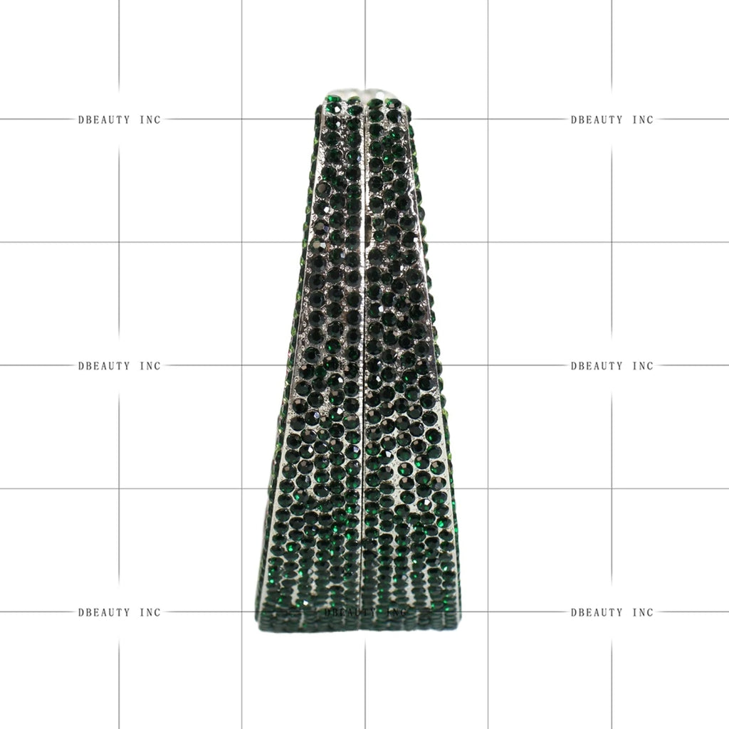 Emerald green rhinestone moon-shaped evening clutch, elegant designer handbag for weddings and formal events.