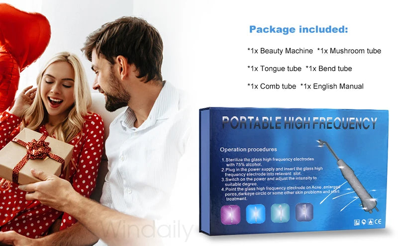 High frequency facial machine set in a blue box showing the device and various glass electrode attachments.