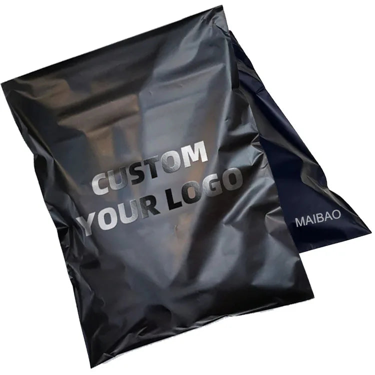Black poly mailer bag with raised 'CUSTOM YOUR LOGO' lettering