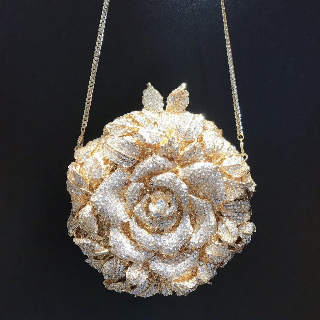 Gold crystal rose flower designer clutch bag with chain strap for wedding and evening parties.