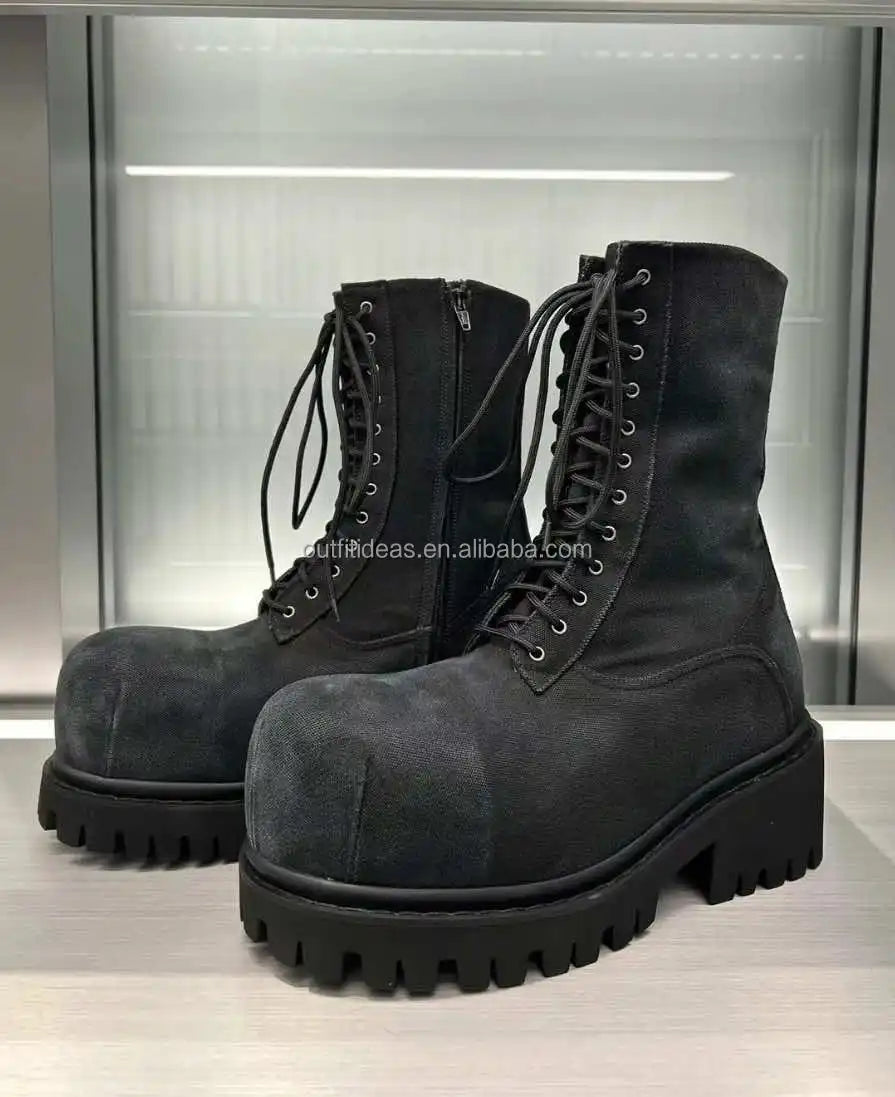 HYPEBEAST Extra Round Toe Distressed Lug Hypebeast Style Men Trendy Shoes Safety Boots Hype Men Charms Hummer Lace-up Bootie
