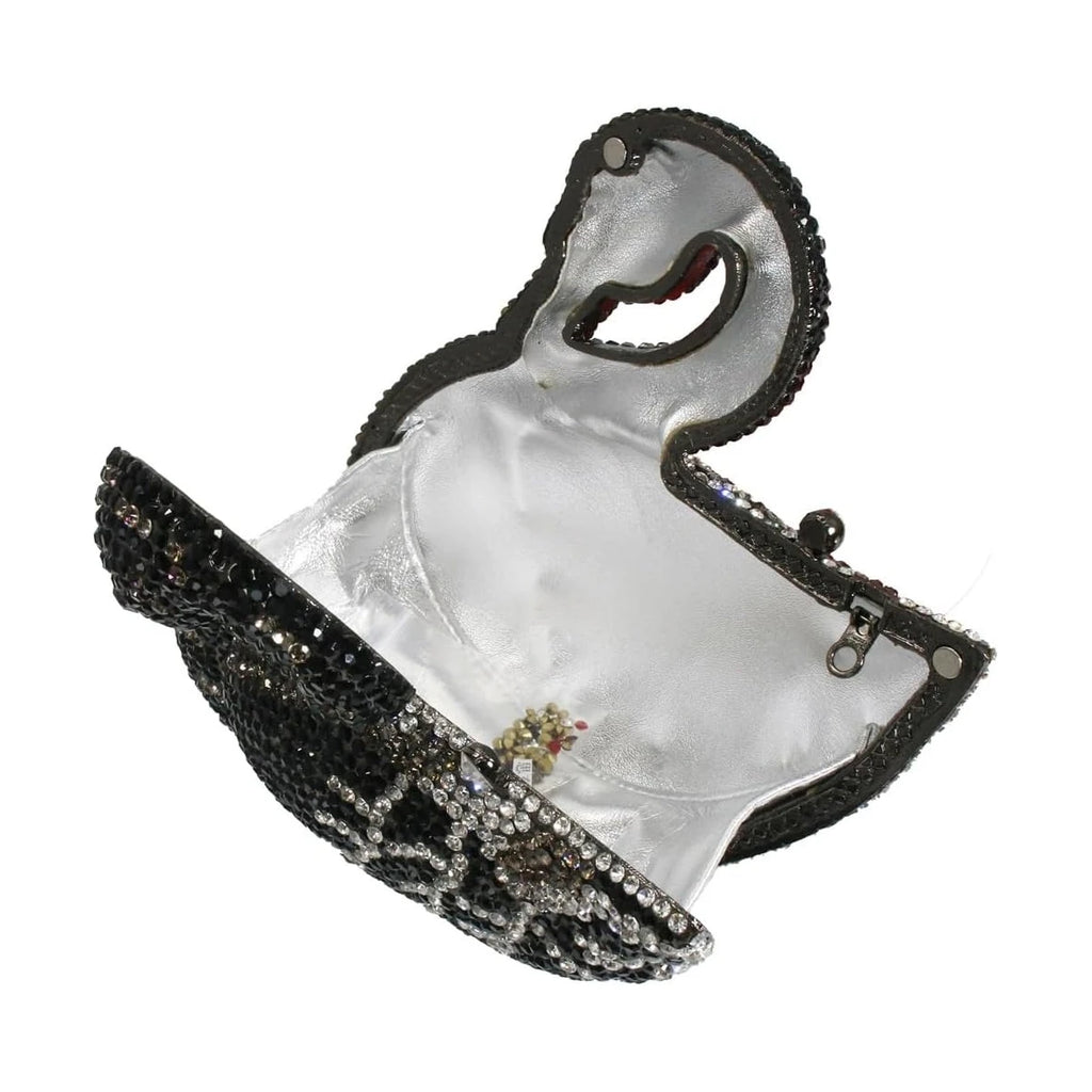 Black rhinestone swan-shaped evening clutch with metallic silver interior, luxury crystal designer handbag for weddings.