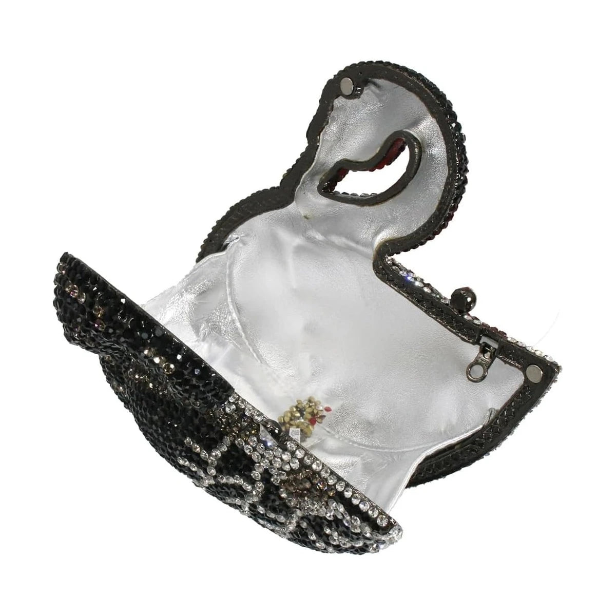 Black rhinestone swan-shaped evening clutch with metallic silver interior, luxury crystal designer handbag for weddings.