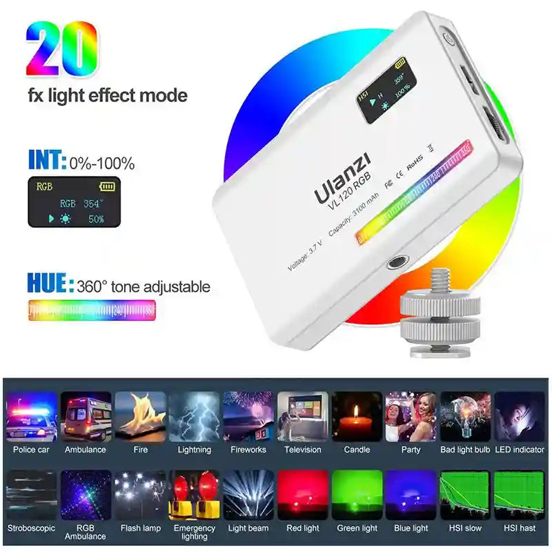VL120 RGB rectangular white LED video light with a digital display, adjustable settings, and a mounting screw.