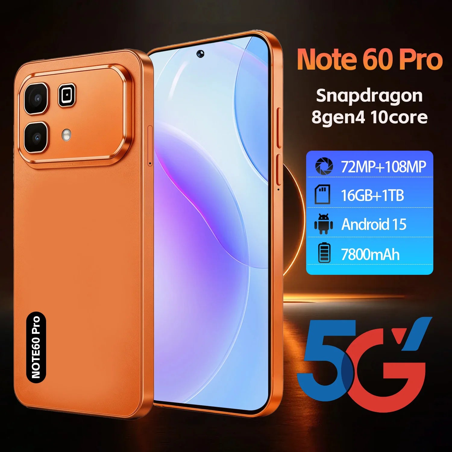 Note 60 Pro 5G smartphone showing side profile design with 16GB RAM and 1TB storage