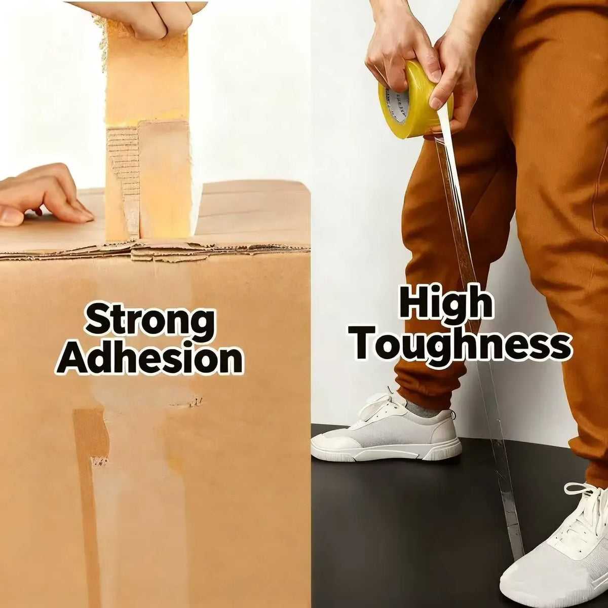 Yellow pressure-sensitive packing tape being applied to a cardboard box seam