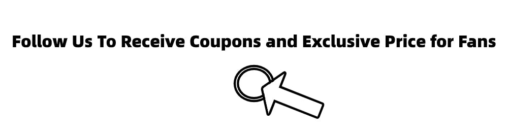 Promotional banner with megaphone icon and follow-us coupon text
