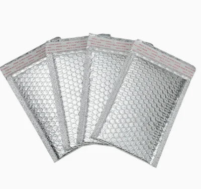 Silver metallic bubble mailer bags with raised bubble texture