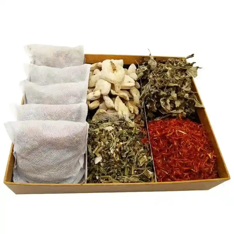 Herbal foot soak bath bags with ginger, safflower, and moxa in a gift box for home spa wellness and foot care.