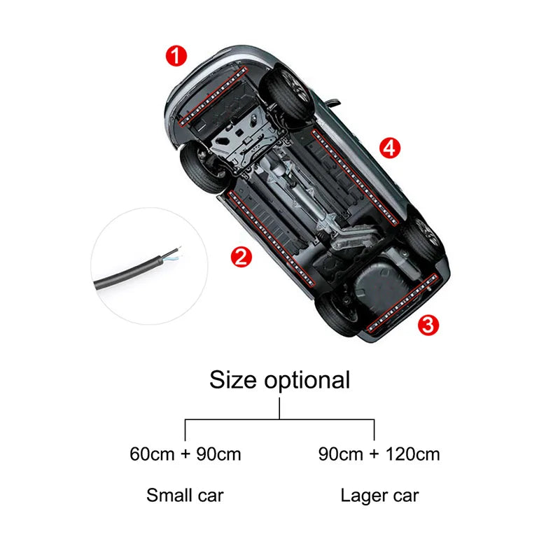 Car underglow LED light strips in various lengths, shown installed on a vehicle chassis with wiring details.