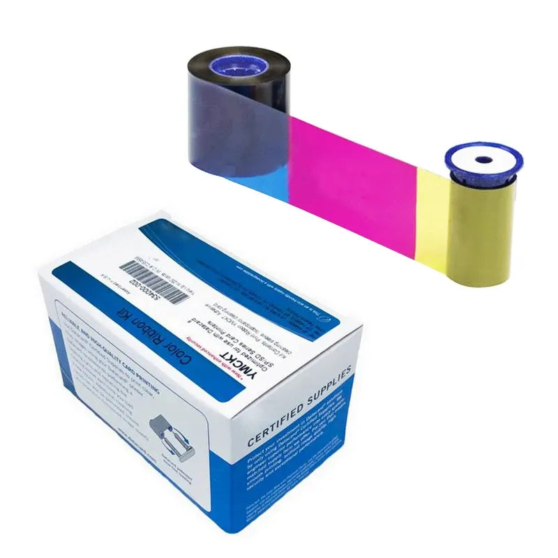 YMCKT print ribbon rolls and box, with multicolor ribbon strip