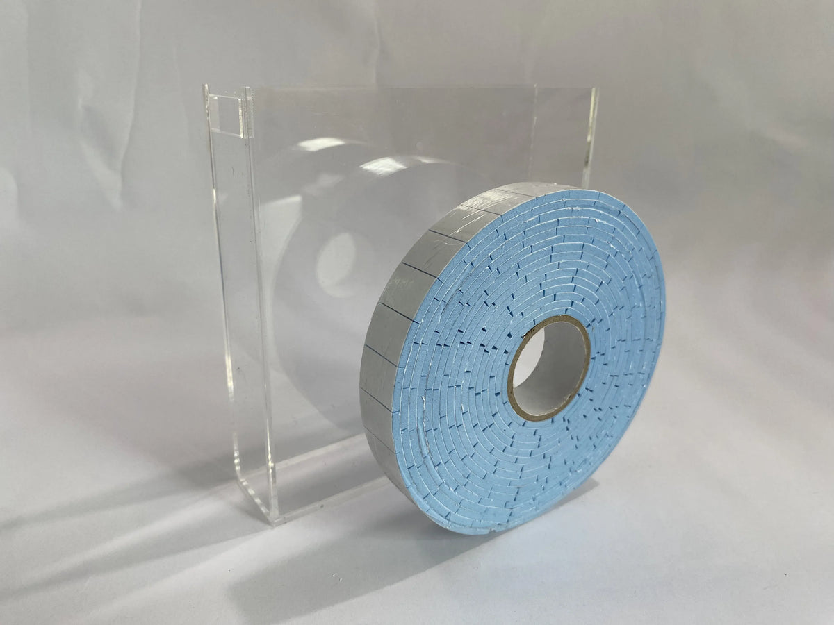 Light blue EVA foam tape roll with self-adhesive backing and cut strips