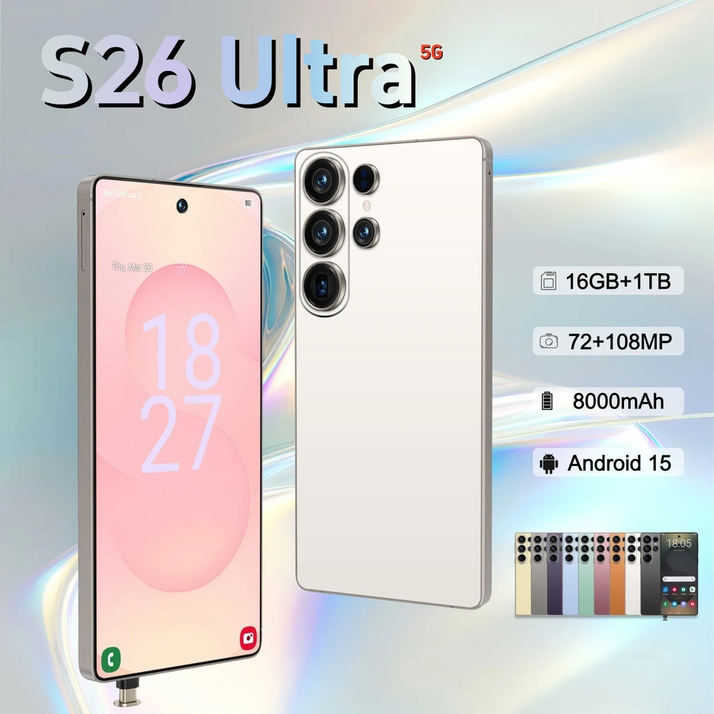 S26 Ultra 5G smartphone with 108MP camera and 1TB storage showing side profile and rear lens detail