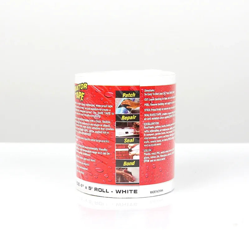 White waterproof repair tape roll in red printed container with small instruction text