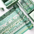Green washi tape rolls set with leafy and scallop patterns, single-sided masking