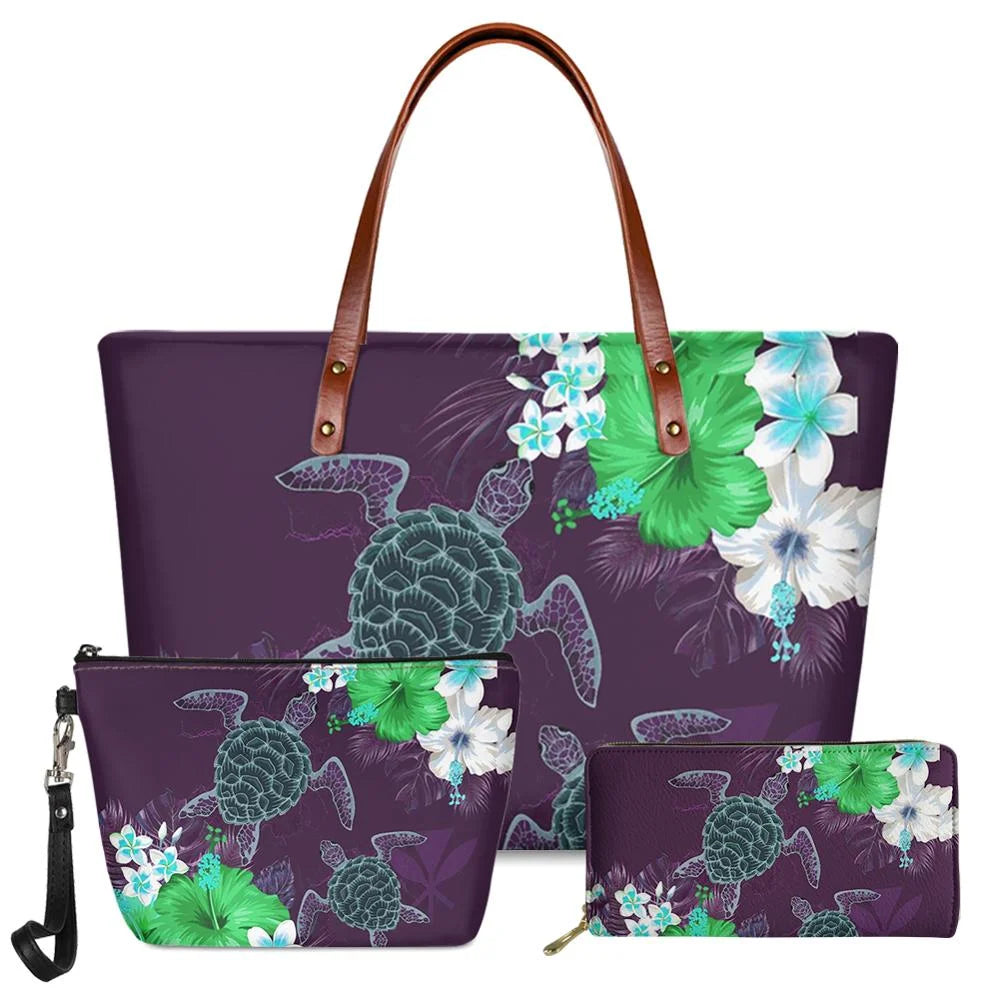 3pc purple handbag set featuring Polynesian tribal sea turtle and tropical hibiscus floral print with brown straps.