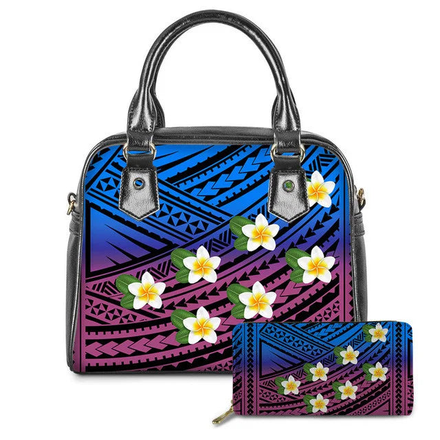 Polynesian tribal print leather handbag and wallet set with colorful plumeria flowers and blue-to-pink gradient.