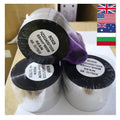 Wax/resin ribbon rolls in clear plastic packaging, dark center labels and purple tape