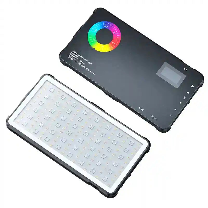 Portable rectangular LED photography light with black casing, front panel of individual LEDs, and back control screen.