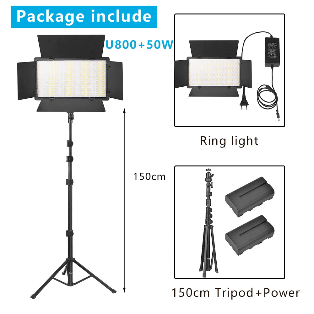 U800 LED panel light with barn doors, 150cm adjustable tripod stand, power adapter, and two rechargeable batteries.