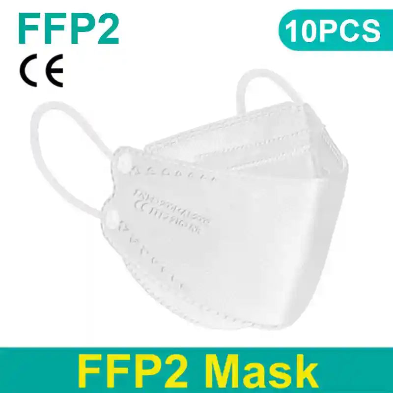 White 4-layer FFP2 KN95 respirator mask with ear loops and textured protective fabric, 10-piece pack.