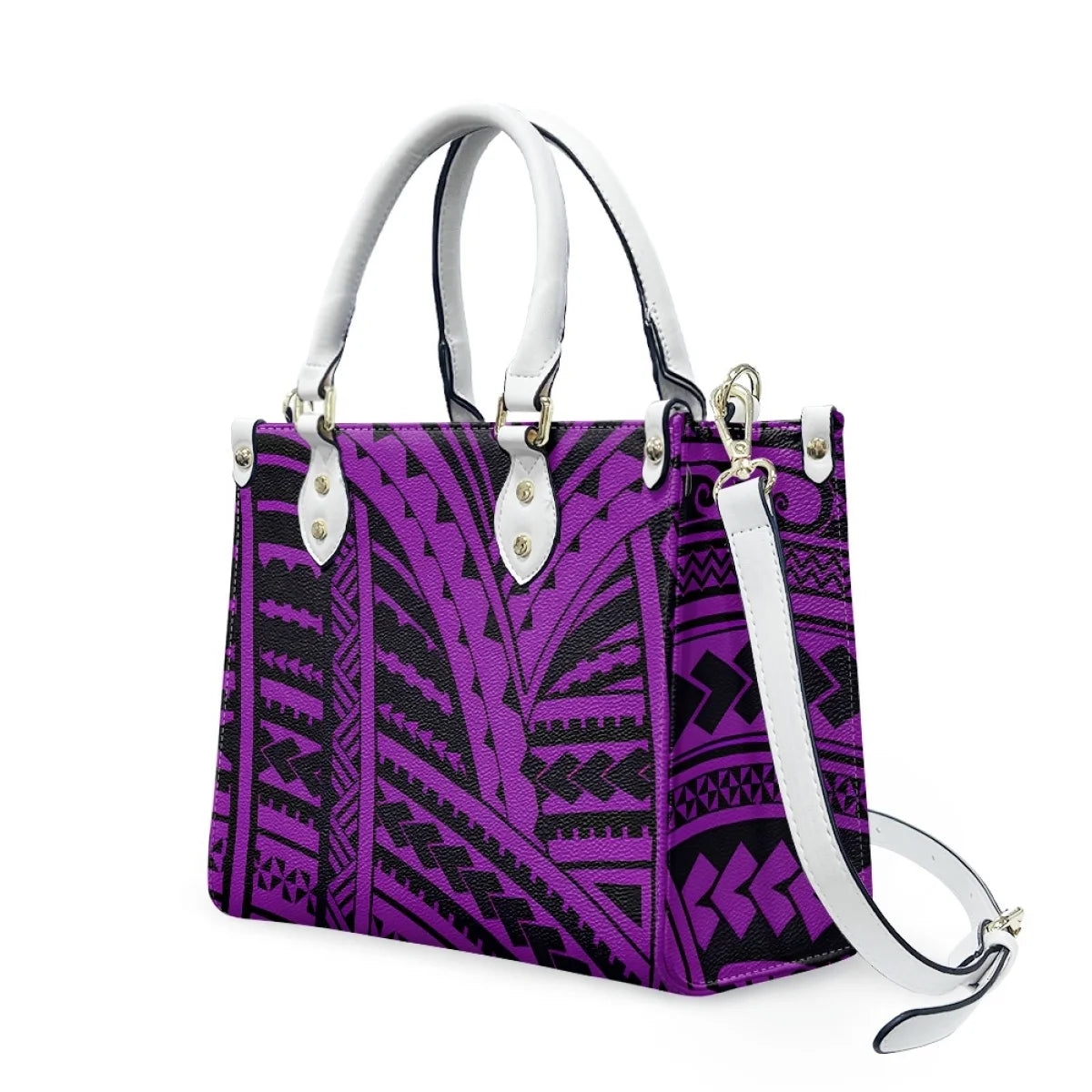 Purple and black Samoan tribal print leather luxury handbag with white handles and detachable shoulder strap.