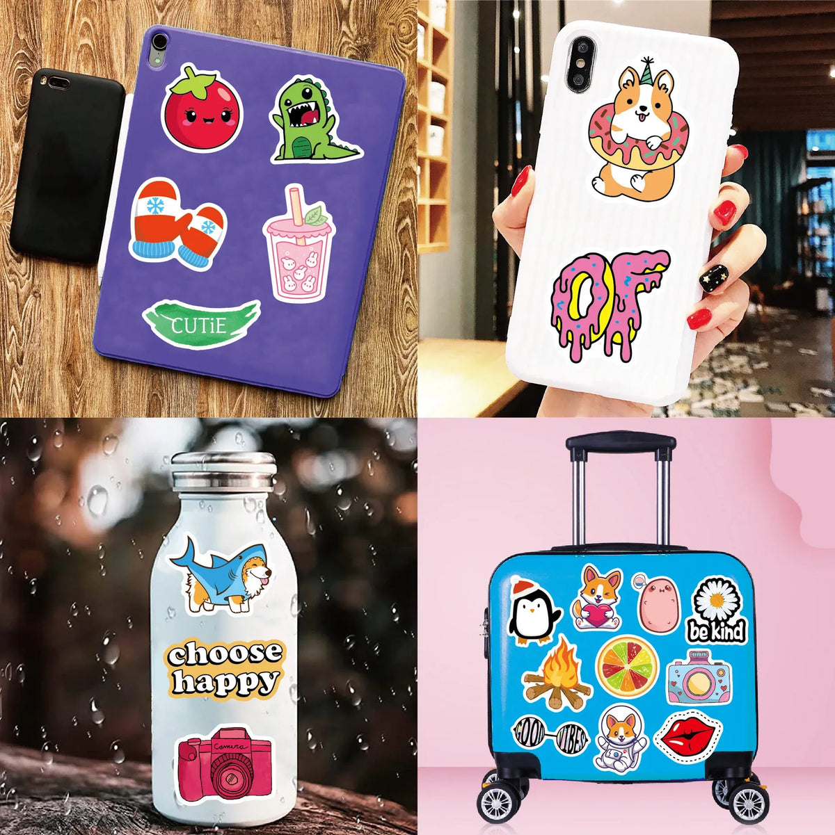 Cute waterproof vinyl stickers with fruit, animals, and music icons shown on devices