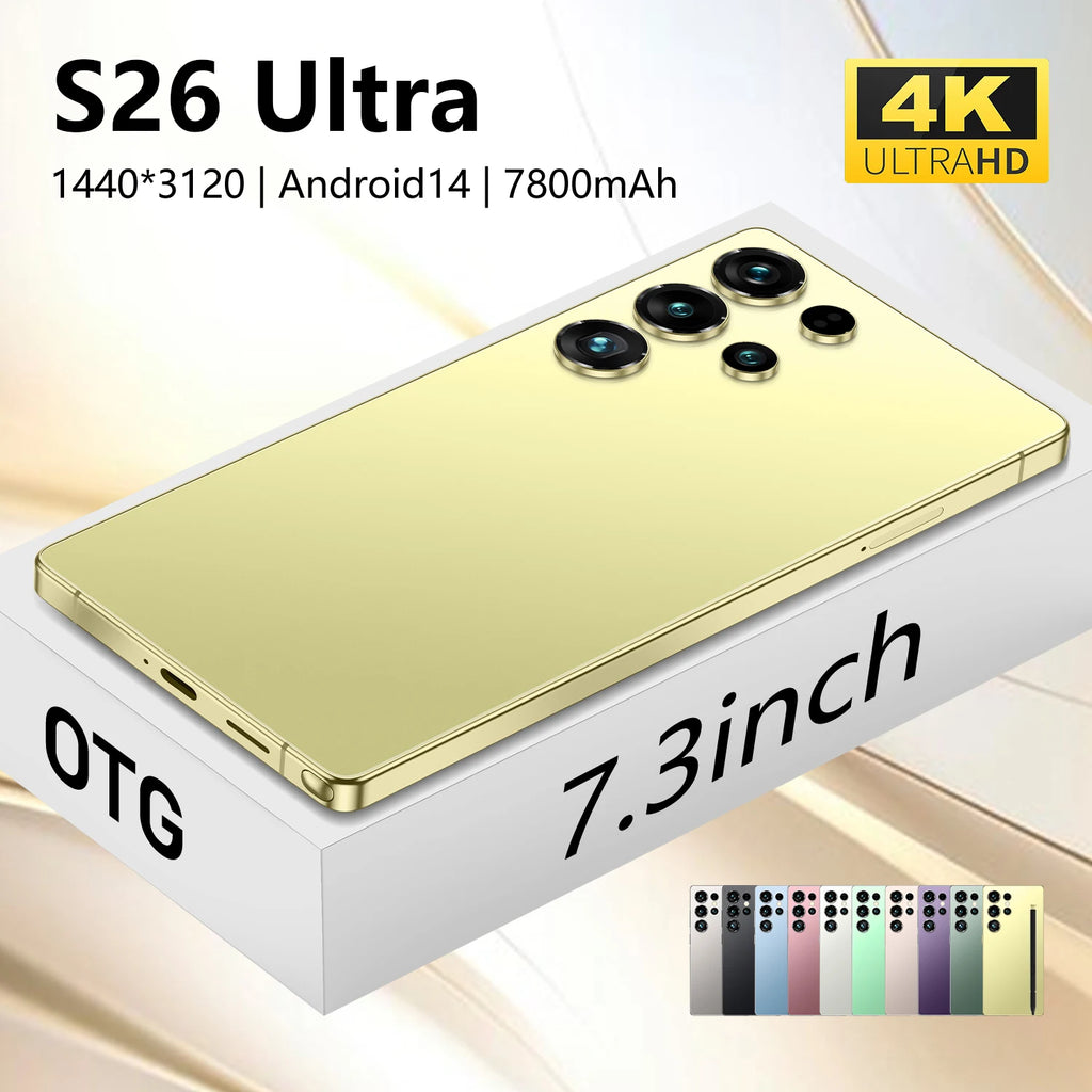 S26 Ultra smartphone with 7.3 inch display, 22GB RAM, 1TB storage, and 5G connectivity viewed from second angle.