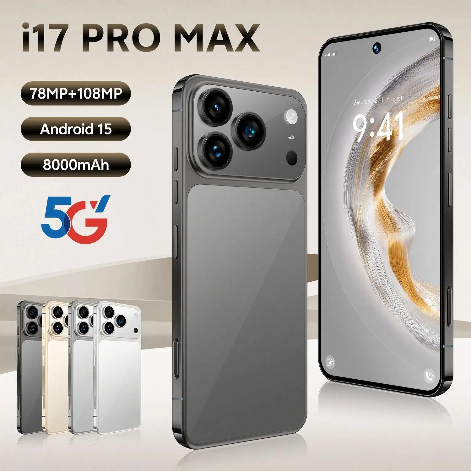 Tidesmit I17 Pro Max 5G Android 15 smartphone with 16GB RAM 1TB ROM and 7.3 inch full screen for global dual SIM use